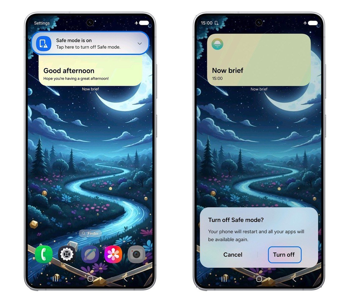 Samsung Galaxy Safe mode is on notification and the Turn off Safe mode prompt