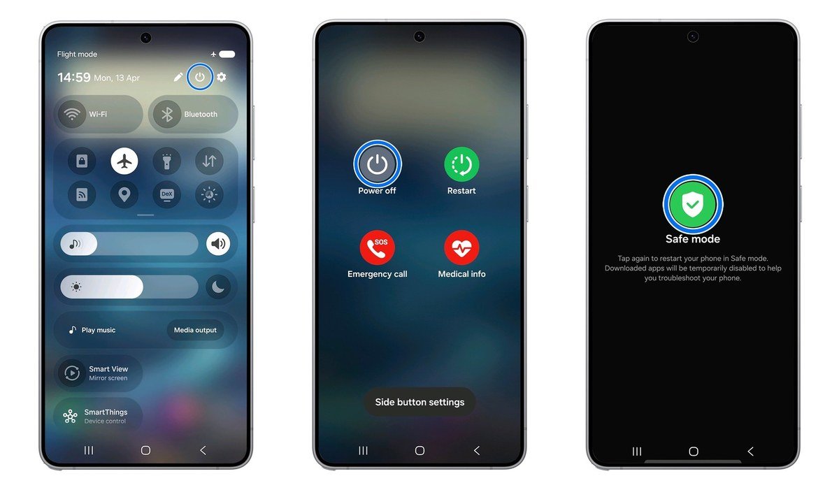 Three Samsung Galaxy screens: the Power icon in the quick panel, Power off highlighted, then the Safe mode button