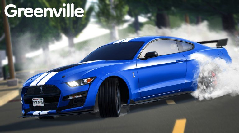 A blue Shelby Mustang doing a burnout on a Greenville street