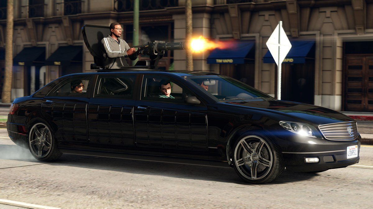 Gunman firing from the roof of a black limousine during a street shootout in GTA 5