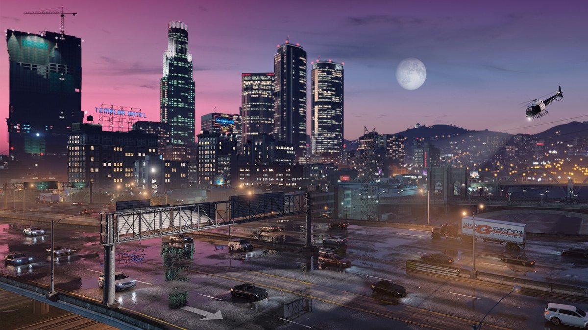 Los Santos skyline at dusk with a helicopter flying over the freeway in GTA 5