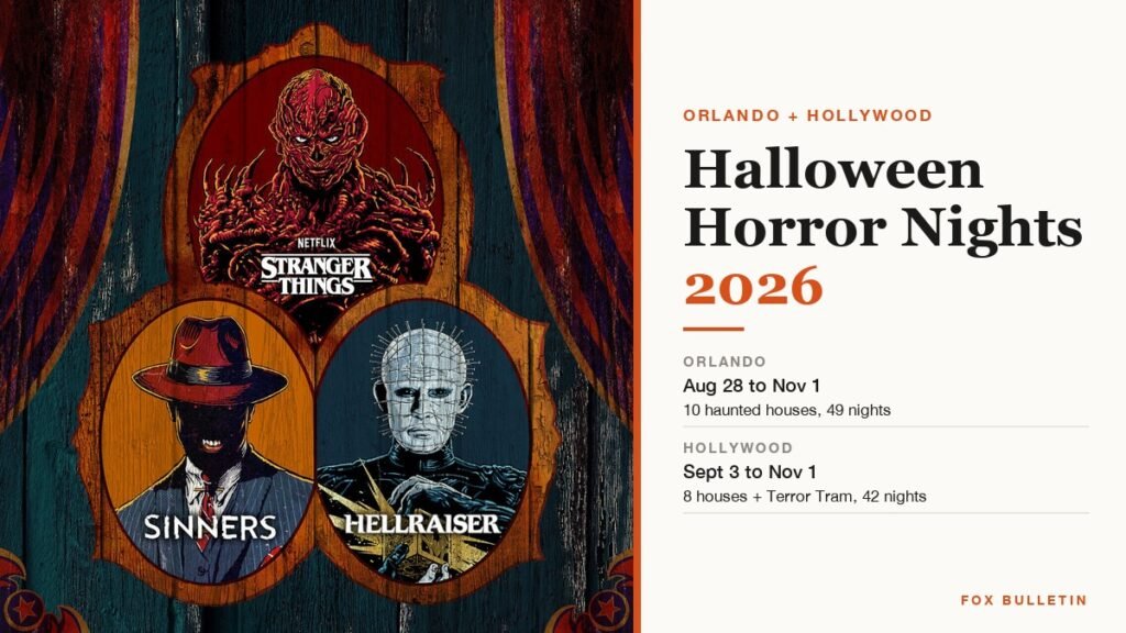 Halloween Horror Nights 2026 key art with Stranger Things, Sinners and Hellraiser portraits beside the Orlando and Hollywood event dates