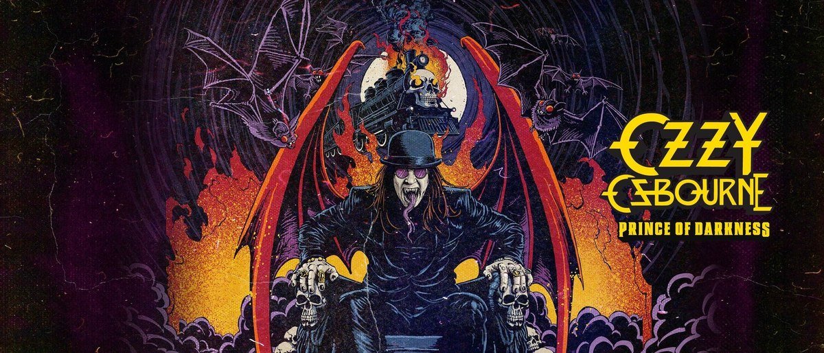 Ozzy Osbourne: Prince of Darkness haunted house artwork with Ozzy on a throne with red wings