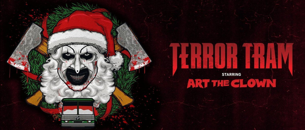 Terror Tram starring Art the Clown artwork showing the clown in a Santa hat with bloody axes