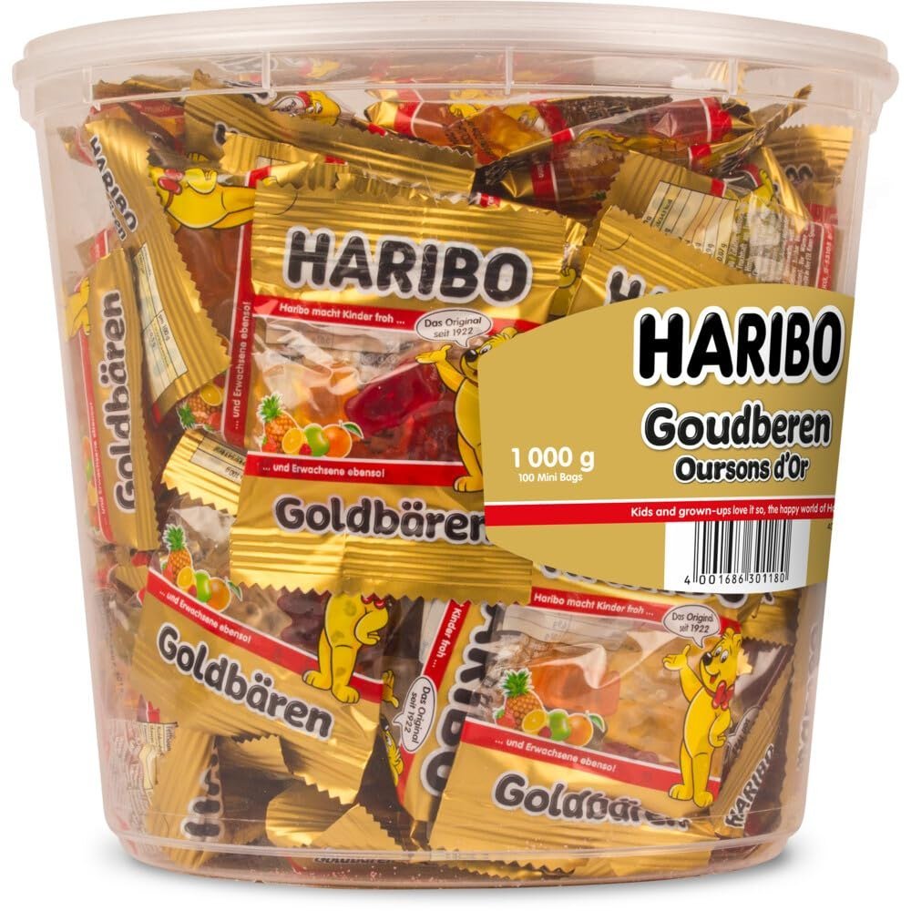 Tub of Haribo Goldbears in individually wrapped mini bags