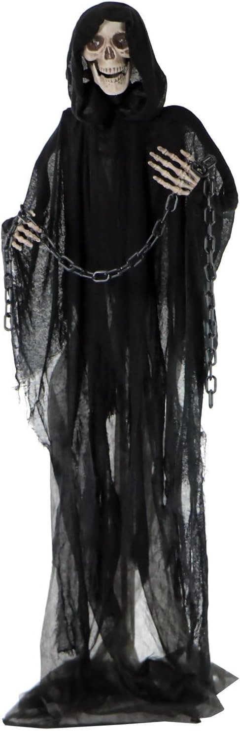 Haunted Hill Farm 5.4-foot Grim Reaper animatronic in a black hooded robe holding a chain