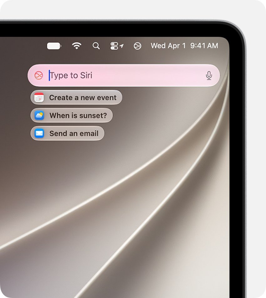 Type to Siri bar with suggested requests at the top of a Mac screen in macOS 27