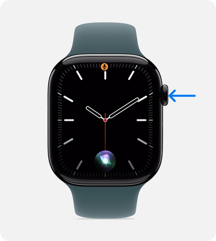 Apple Watch with an arrow pointing to the Digital Crown used to activate Siri