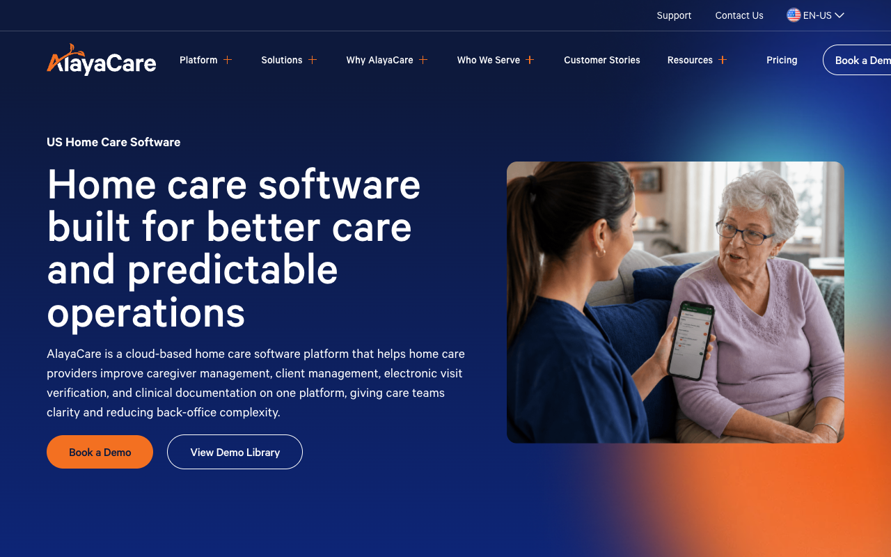 AlayaCare home care software page listing care management and scheduling modules
