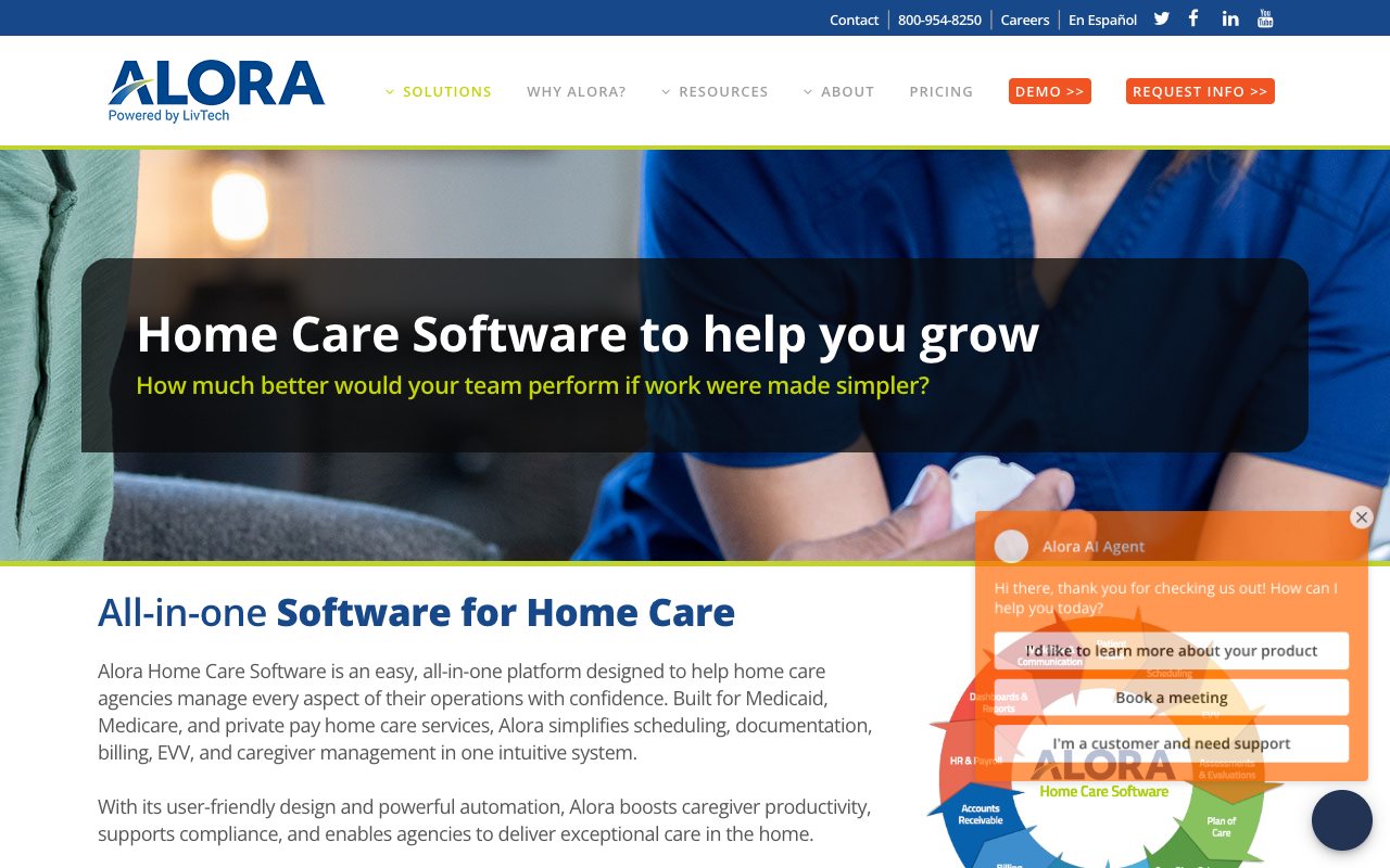 Alora Health home care software page describing its all-in-one platform