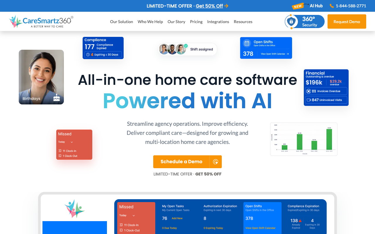 CareSmartz360 home page showing its AI-powered home care software for agencies