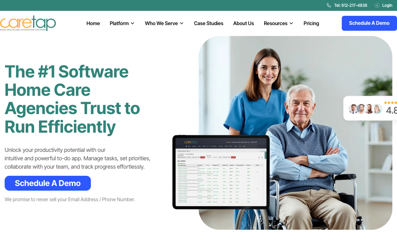 Caretap home page showing its home care agency software and features