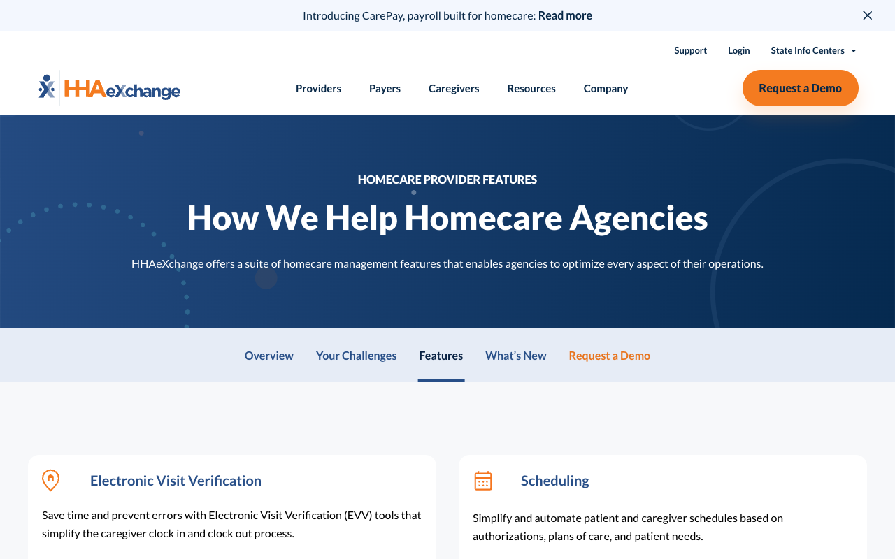 HHAeXchange provider features page listing EVV, scheduling and billing