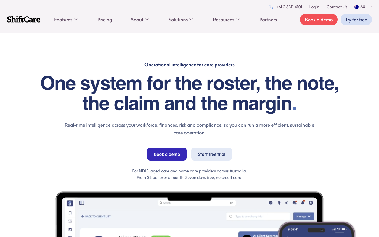 ShiftCare home page showing its care provider operations platform
