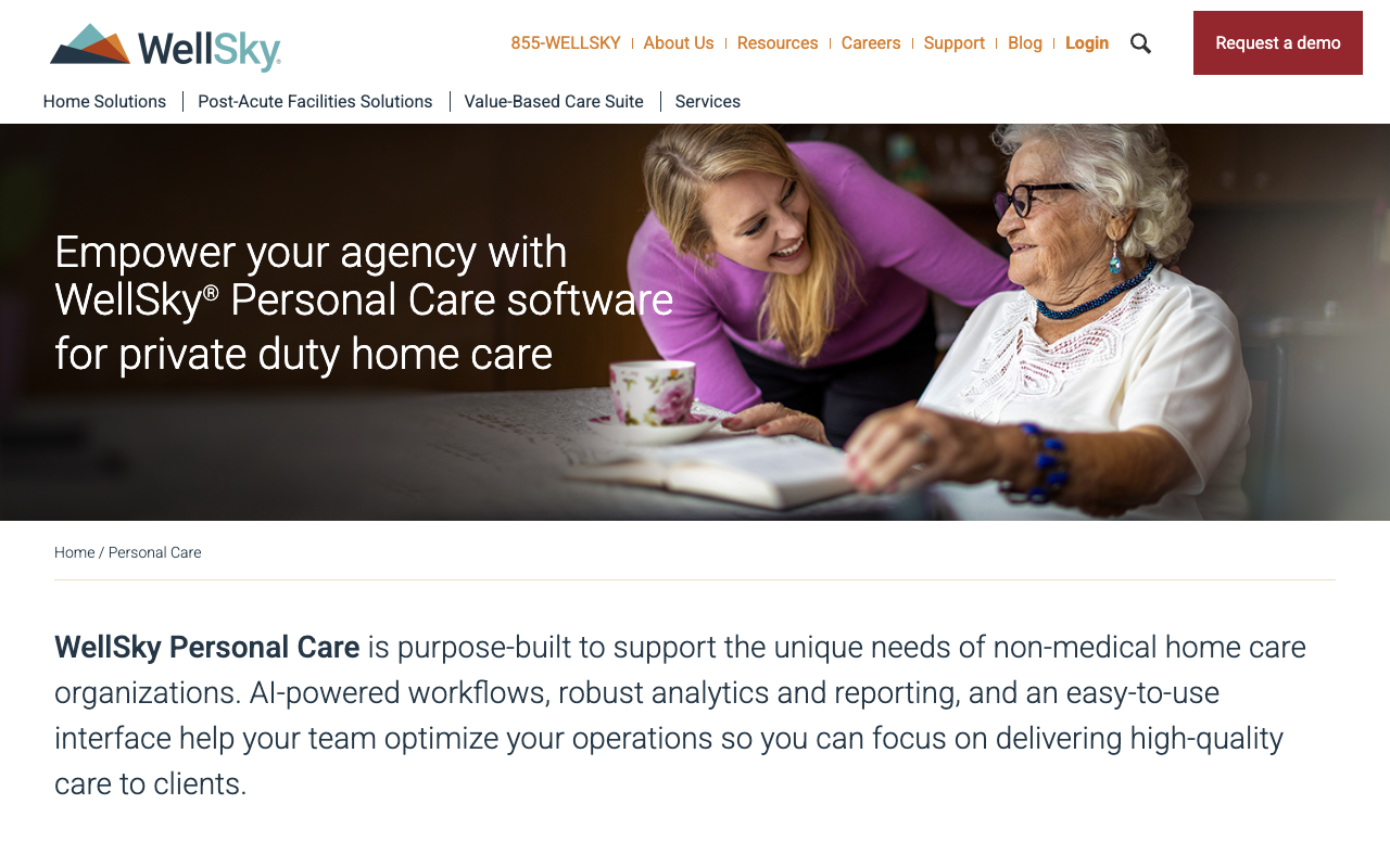 WellSky Personal Care software page for private duty home care