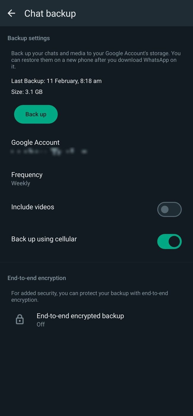 The WhatsApp chat backup settings screen on an Android phone