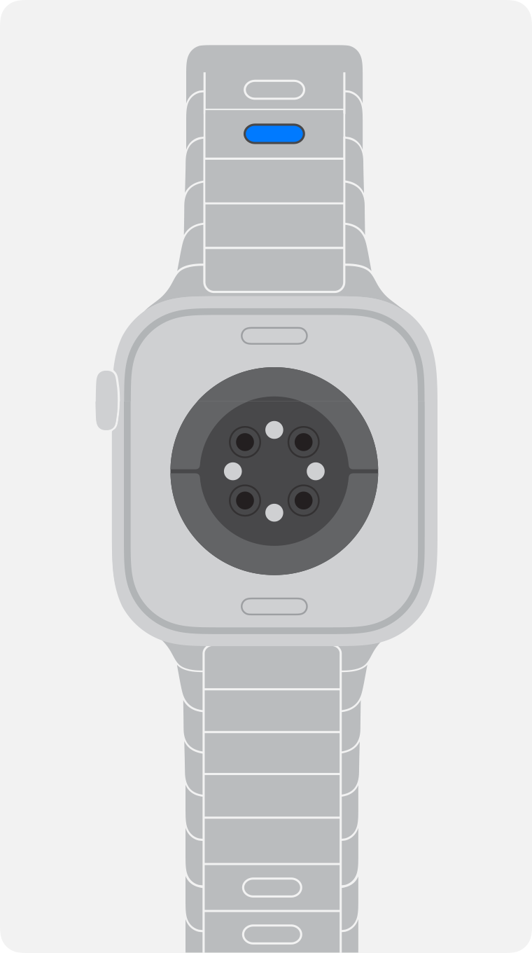 Link Bracelet on an Apple Watch with the quick release button on the inside of a link