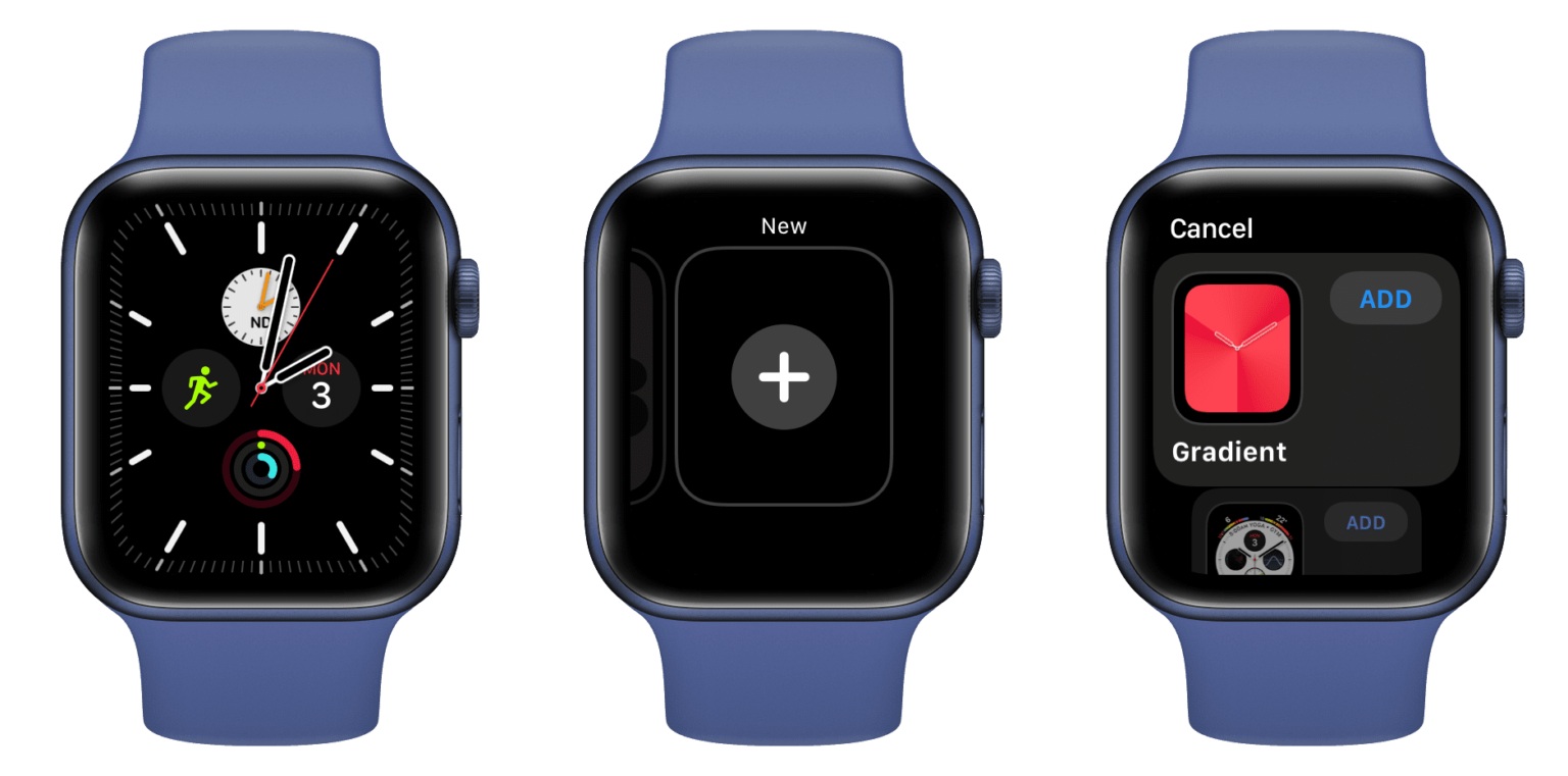 Apple Watch face carousel with the new face button and a face ready to be added