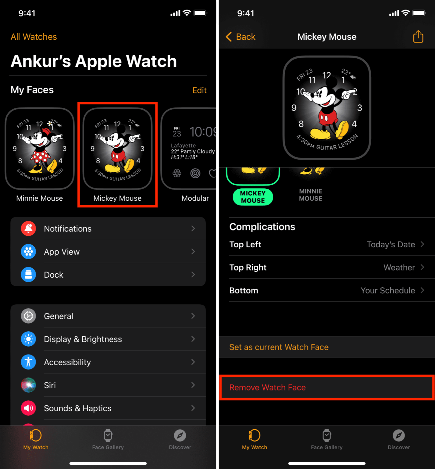 My Faces list in the Apple Watch app with a face open showing its complication slots and Remove Watch Face