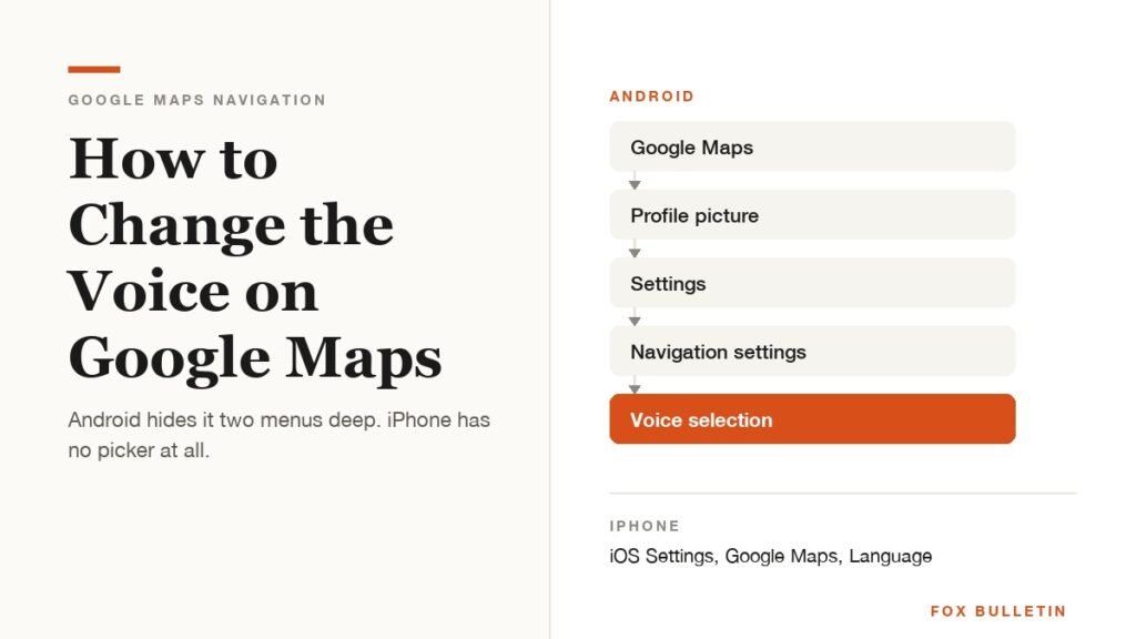 Menu path showing how to change the voice on Google Maps through Navigation settings and Voice selection