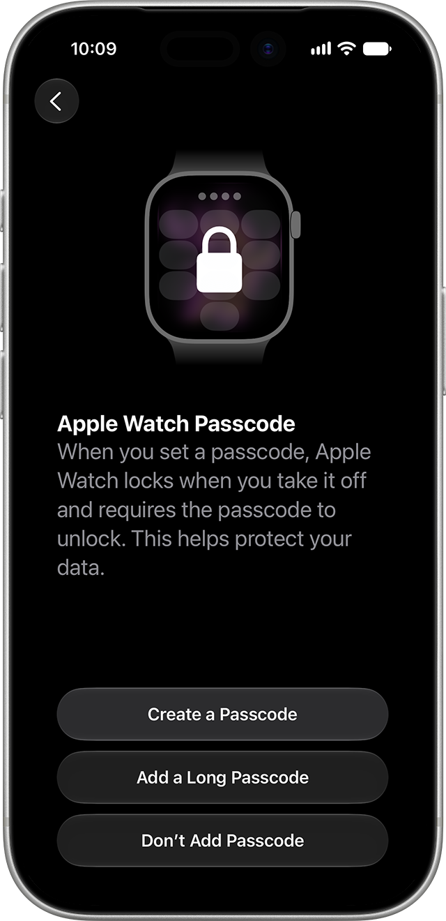 Apple Watch Passcode setup screen offering Create a Passcode, Add a Long Passcode or Don’t Add Passcode