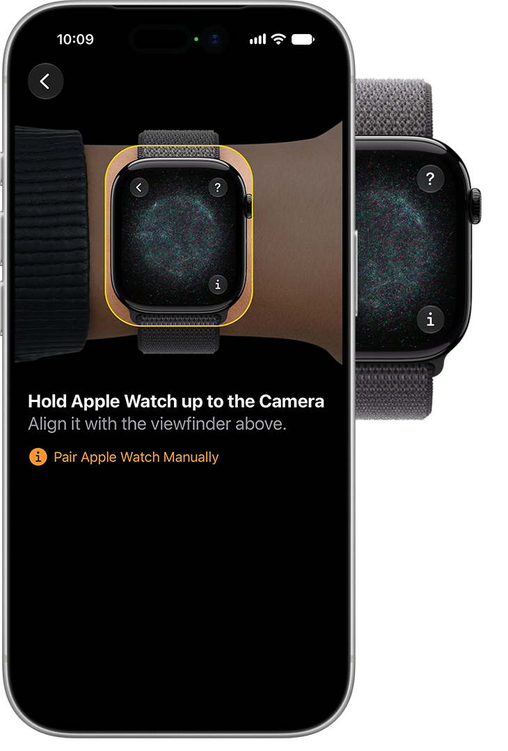 iPhone showing Hold Apple Watch up to the Camera with the watch inside the viewfinder