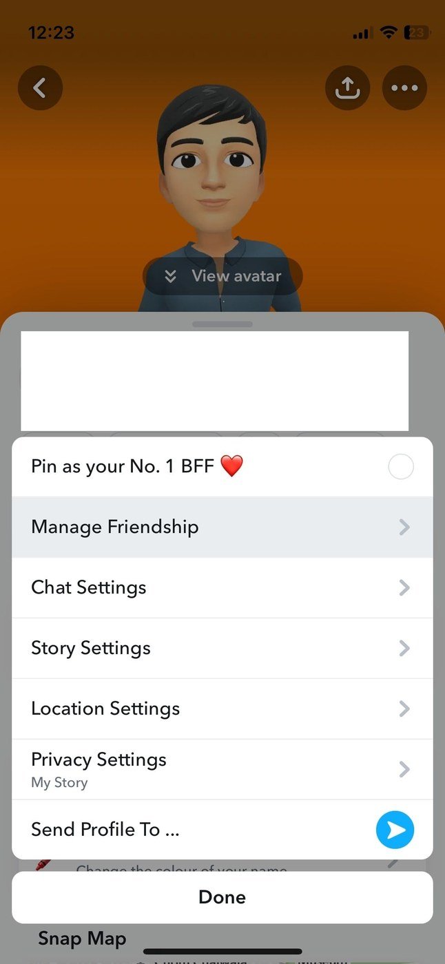 A Snapchat friend profile sheet with the Manage Friendship option highlighted