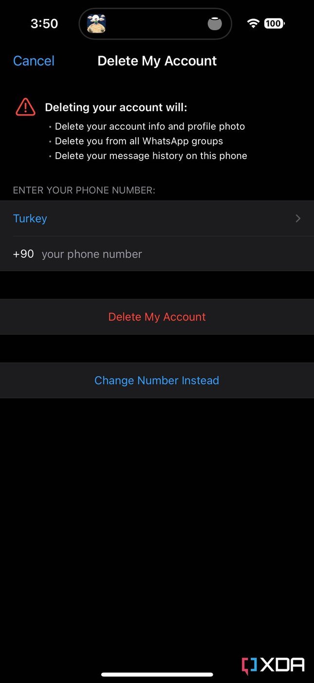 The Delete My Account screen on an iPhone with the country code and number field
