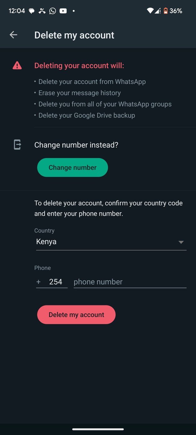 The Android delete my account screen with an empty phone number field