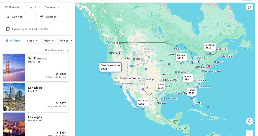 Google Flights explore map showing round-trip fares from New York to San Francisco, San Diego and Las Vegas
