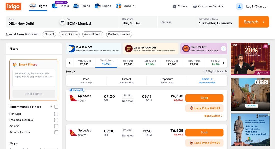ixigo flight results for Delhi to Mumbai listing SpiceJet, Air India and Akasa Air fares in rupees