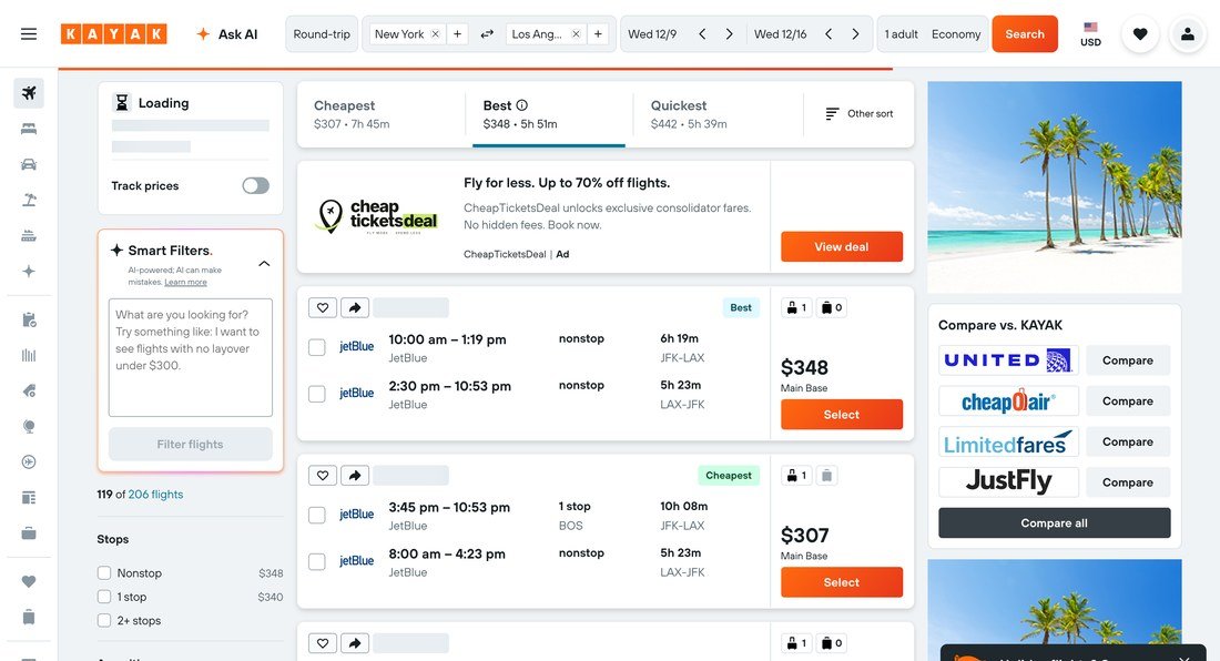 KAYAK flight results for New York to Los Angeles with the stops and price filters open