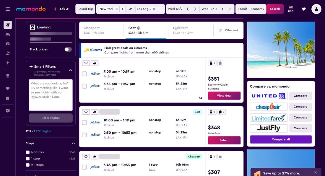 Momondo flight results for New York to Los Angeles with the cheapest and best sorting tabs