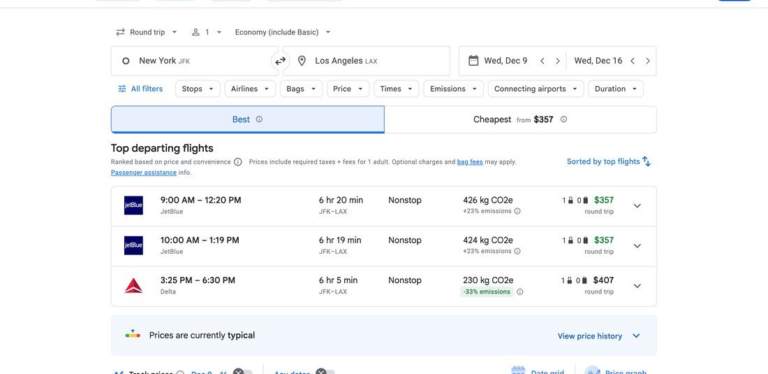 Google Flights results for New York to Los Angeles showing nonstop fares from $357
