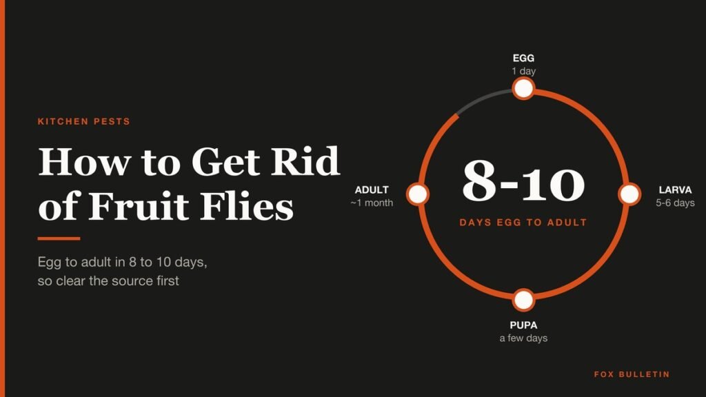 How to Get Rid of Fruit Flies headline beside a jar trap and the 8 to 10 day life cycle