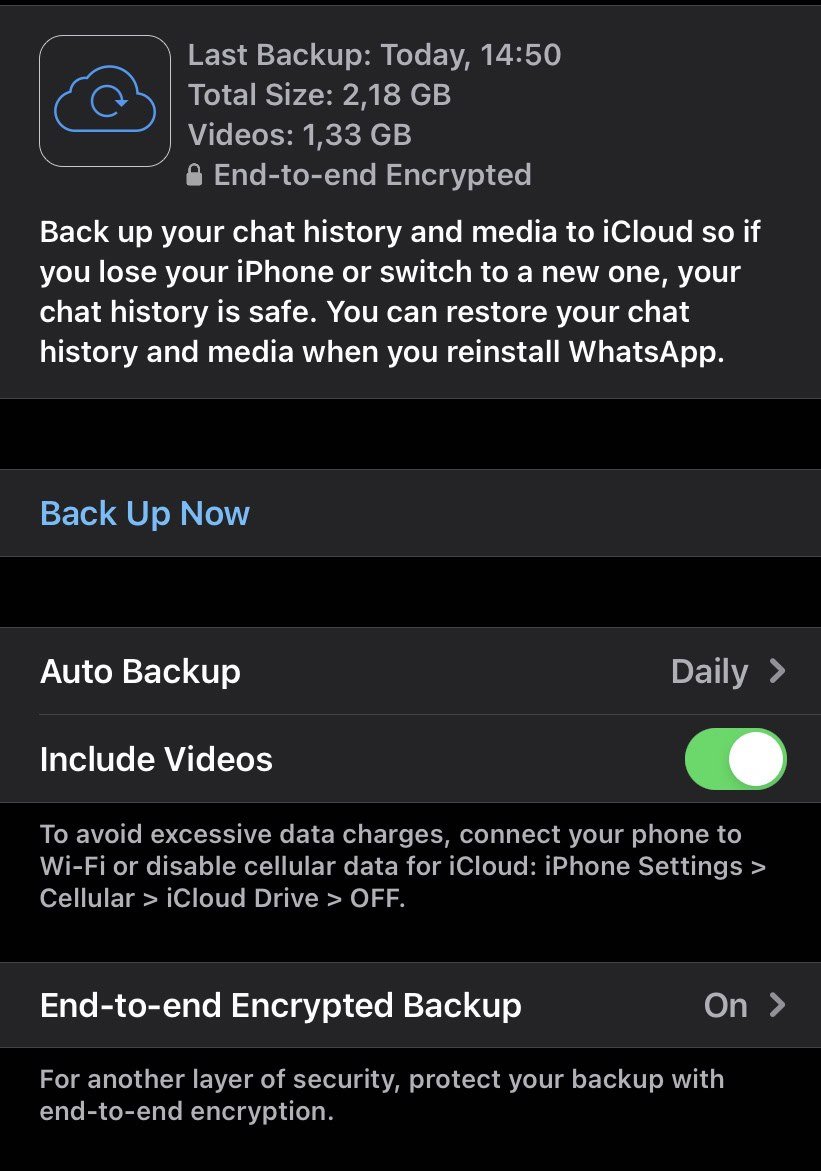 A WhatsApp Chat Backup screen listing the last backup time and total size