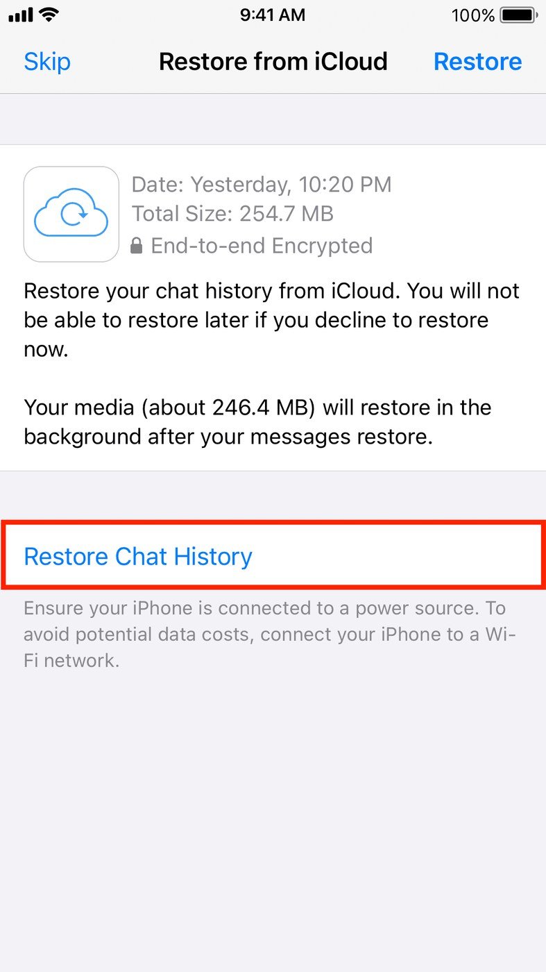 The WhatsApp restore prompt on an iPhone showing the backup date and size