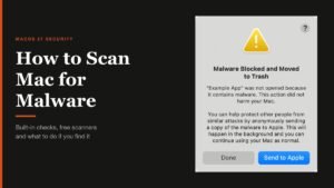 How to Scan Mac for Malware headline beside the macOS Malware Blocked and Moved to Trash alert