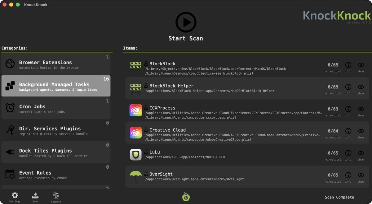 KnockKnock scan results listing background managed tasks and browser extensions with VirusTotal scores