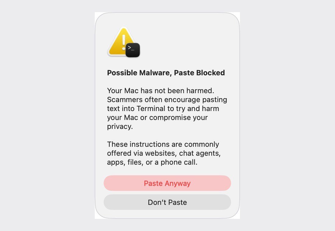 macOS Terminal alert reading Possible Malware, Paste Blocked, with Paste Anyway and Don't Paste buttons