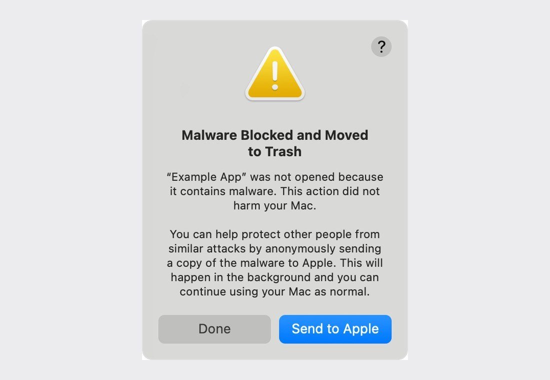 macOS alert reading Malware Blocked and Moved to Trash, with Done and Send to Apple buttons