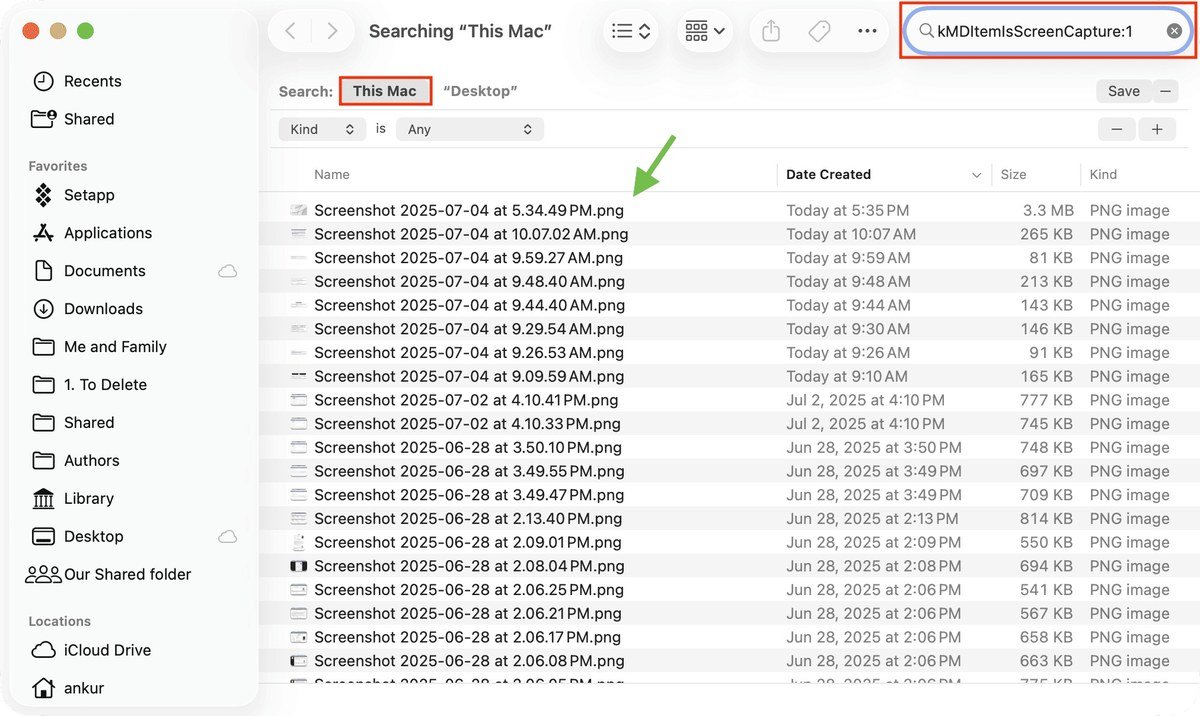 Finder window searching This Mac for kMDItemIsScreenCapture:1 with a list of Screenshot PNG files