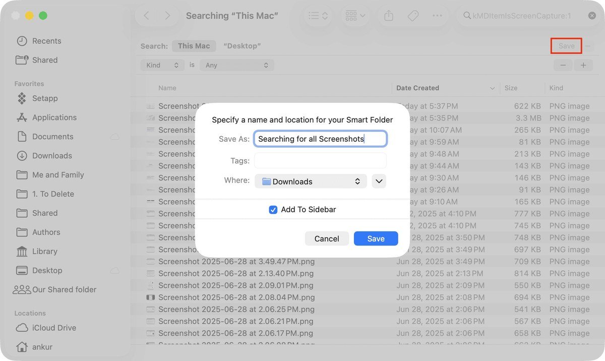 Finder Save dialog naming a smart folder Searching for all Screenshots with Add To Sidebar ticked