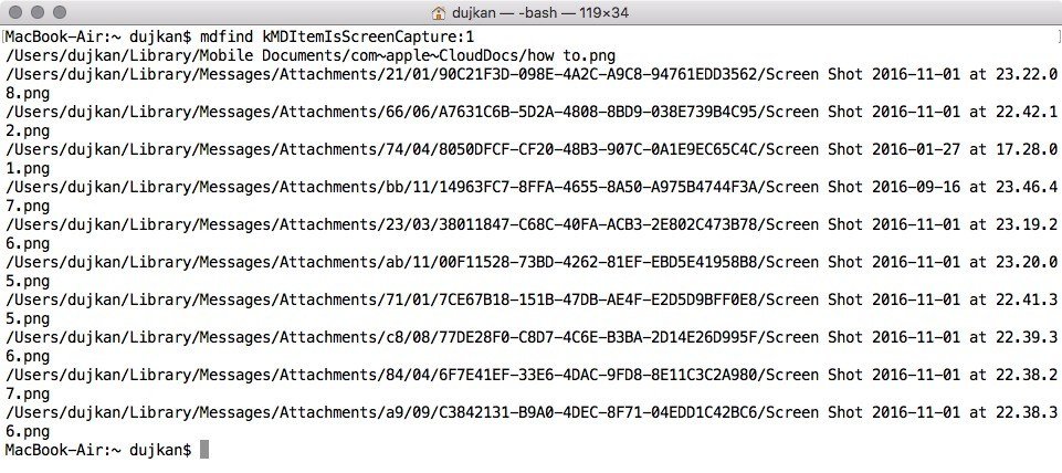 Terminal window running mdfind kMDItemIsScreenCapture:1 and listing screenshot file paths