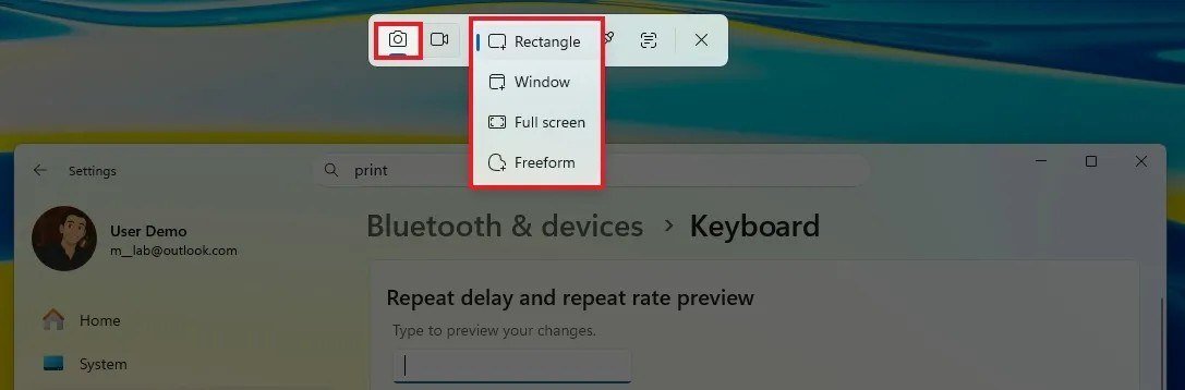 Snipping Tool capture bar with the mode menu open on Rectangle, Window, Full screen and Freeform