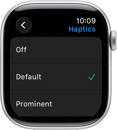 Haptics settings on an Apple Watch with Off, Default and Prominent, with Default selected