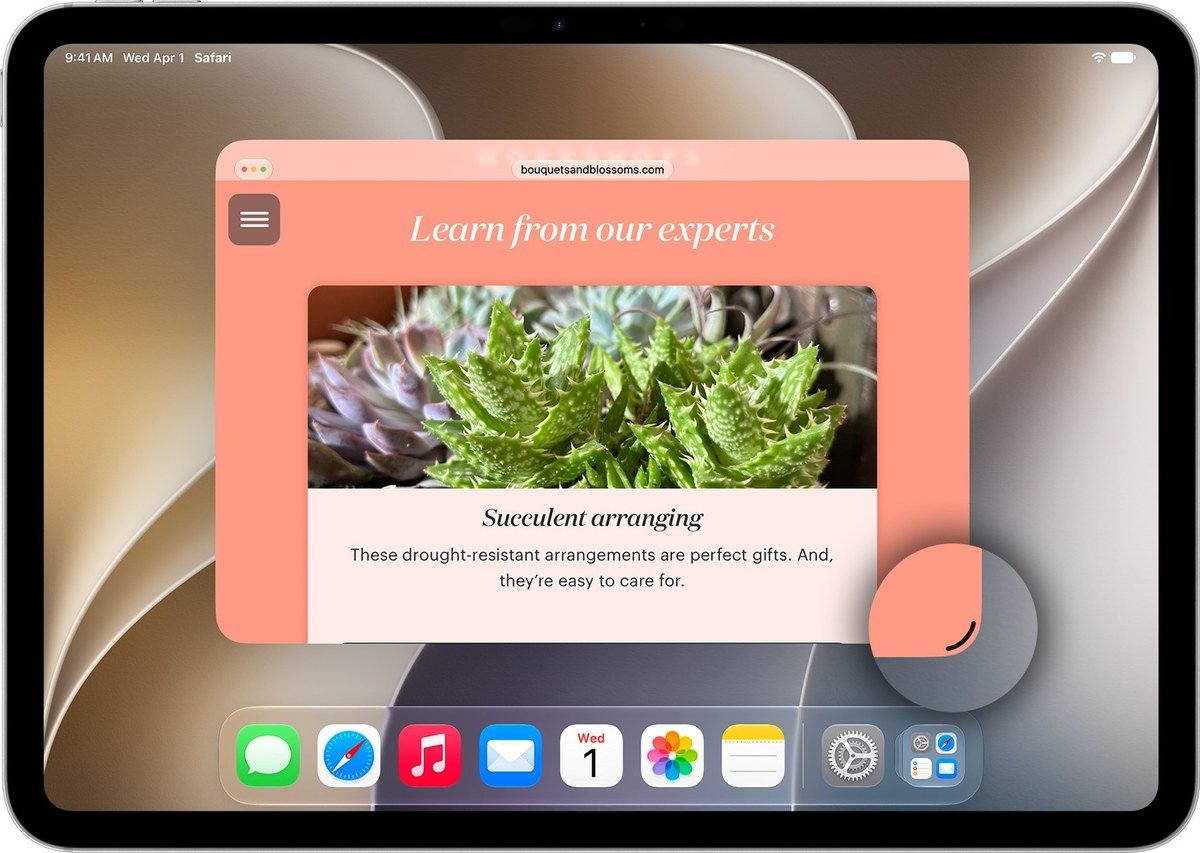 iPad Pro in iPadOS 27 with a Safari window and a callout pointing to the resize handle in its corner