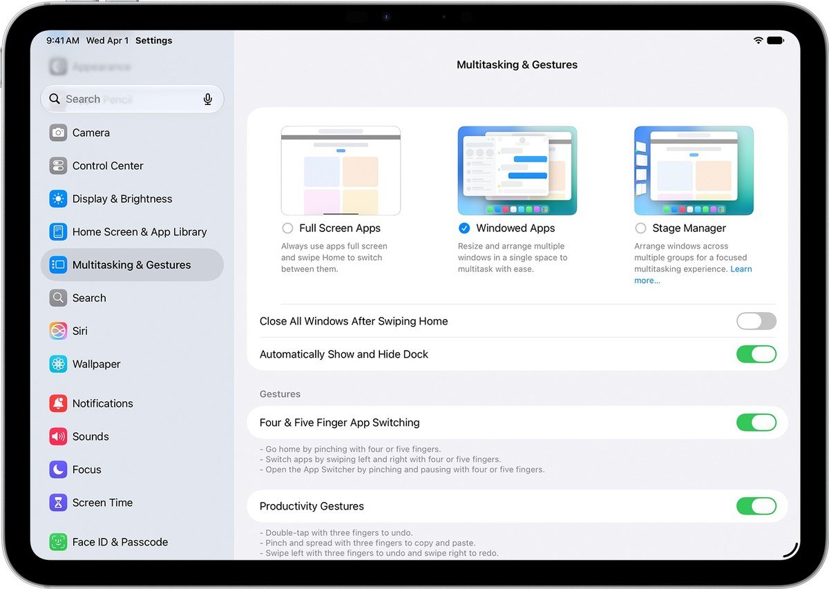 iPad Settings open to Multitasking and Gestures with Windowed Apps selected among Full Screen Apps, Windowed Apps and Stage Manager