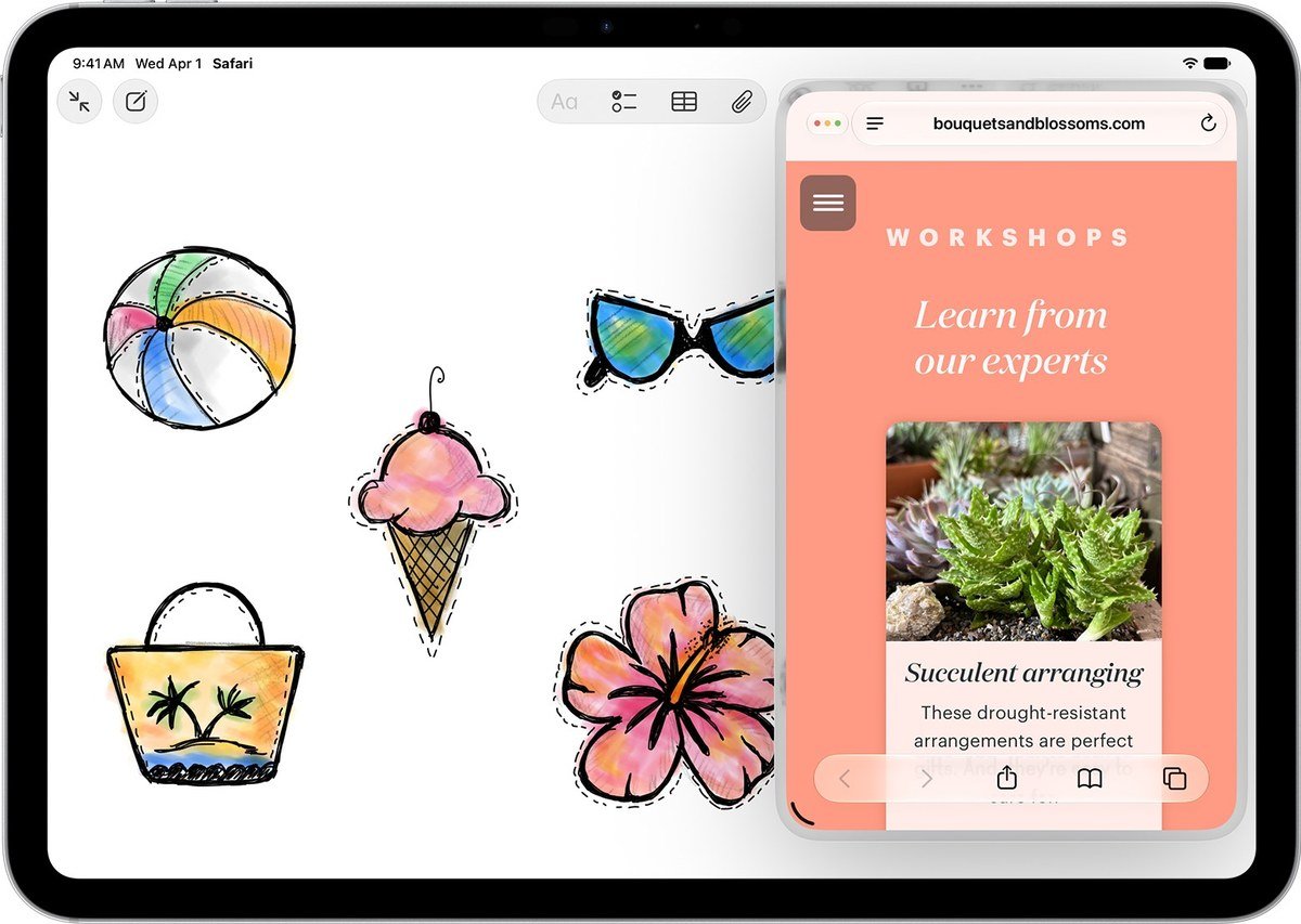 iPad Pro showing a Safari window floating in Slide Over on the right, on top of a Freeform board