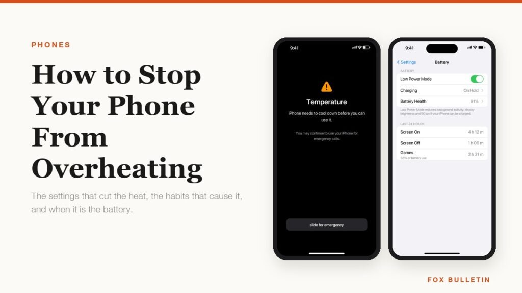 The iOS temperature warning screen beside Settings Battery with Low Power Mode switched on